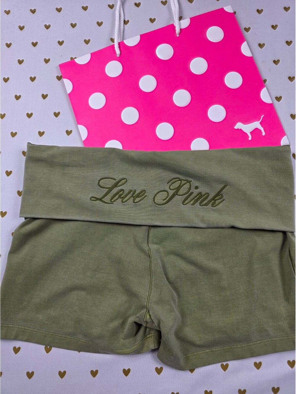 Victorias Secret PINK Foldover Yoga Shorts Green Logo Small